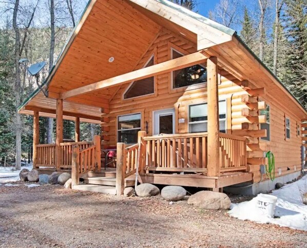 Une cabane en rondins avec un porche, une porte d’entrée et une cheminée.
