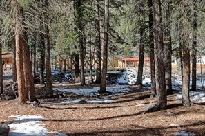 A forested area with a wooden cabin structure, surrounded by tall trees and a snow-covered ground. - Sequoia Cabin | Waterfront Escape with Private Hot (South Fork)