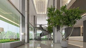 A modern lobby with a spiral staircase, a seating area, and a large window with a view of greenery. - The Royal Alana Yogyakarta Hotel & Convention Center (Ngaglik)