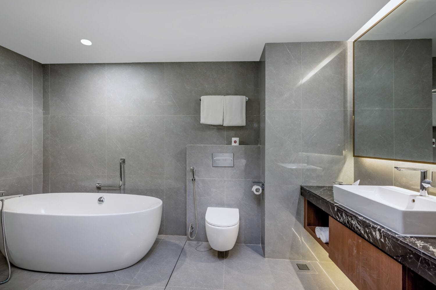 A modern bathroom with a freestanding bathtub, a standard toilet, and a vanity with a mirror.