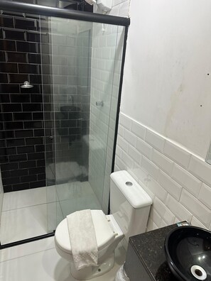 Regadera, toallas, jabón, shampoo 