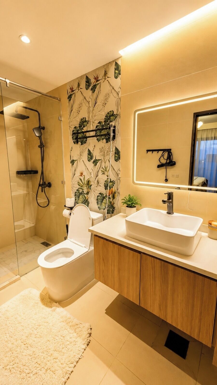 Un baño moderno con ducha, inodoro y tocador.