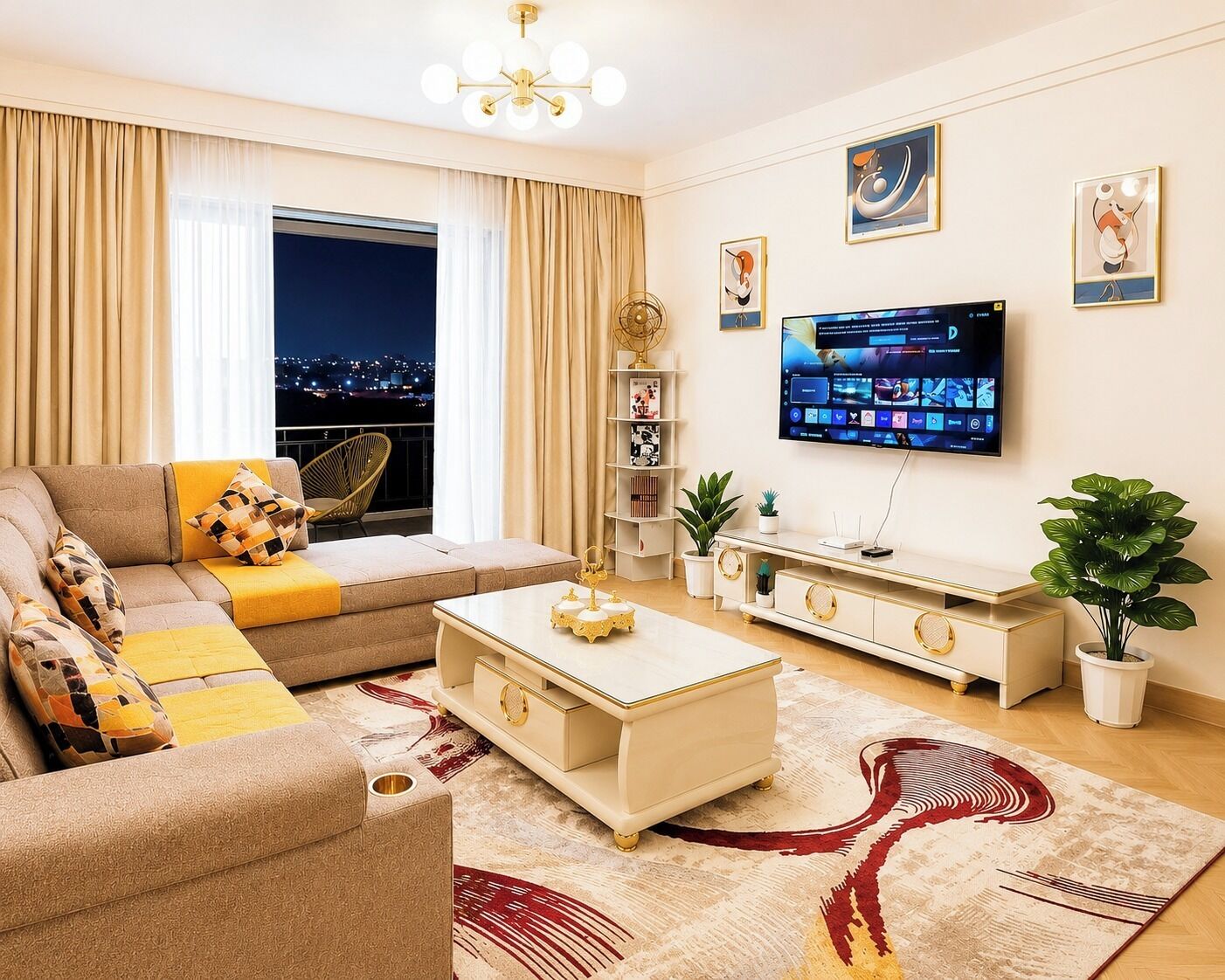Uma sala de estar moderna com sofá, mesa de centro, televisão e uma obra de arte na parede.