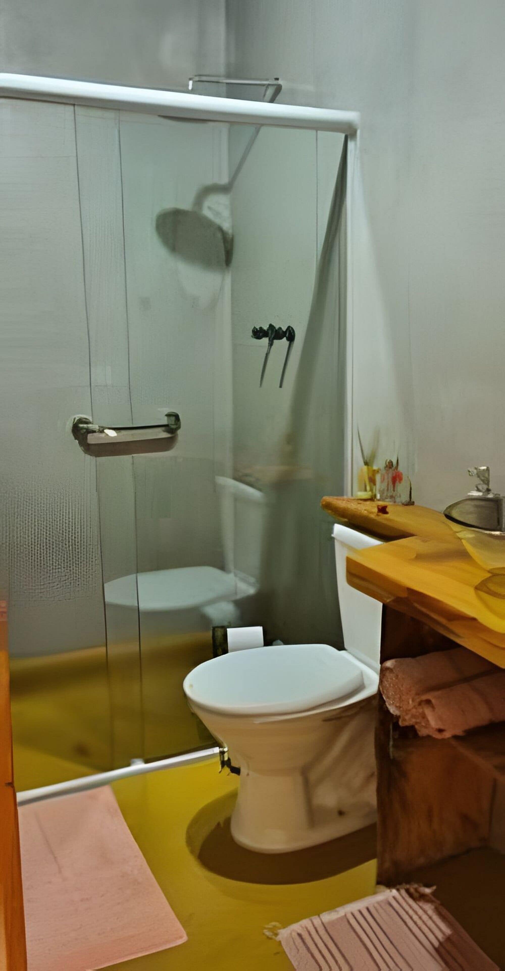 Un baño con ducha envuelta en vidrio, un inodoro blanco y un tocador de madera con espejo.