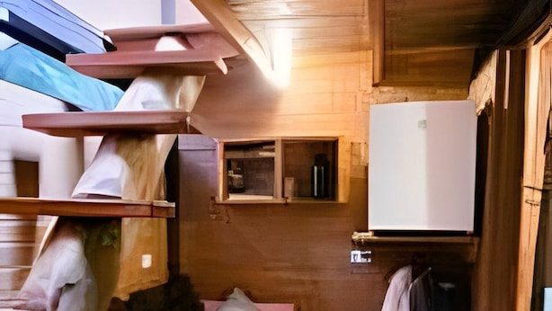 Una habitación pequeña con literas, una mesita, una silla, un estante y una ventana.