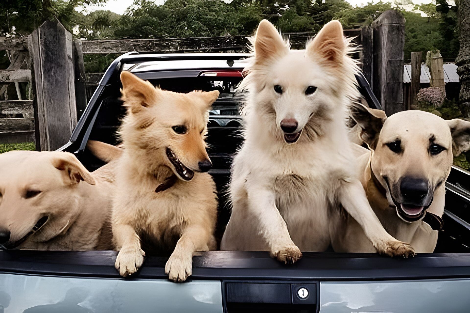 Three dogs in a vehicle with a wooden fence and trees in the background.