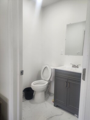 A bathroom with a toilet, sink, and mirror. - Fantastic 2-bedroom apartment with AC in Drexel Hill (Drexel Hill)