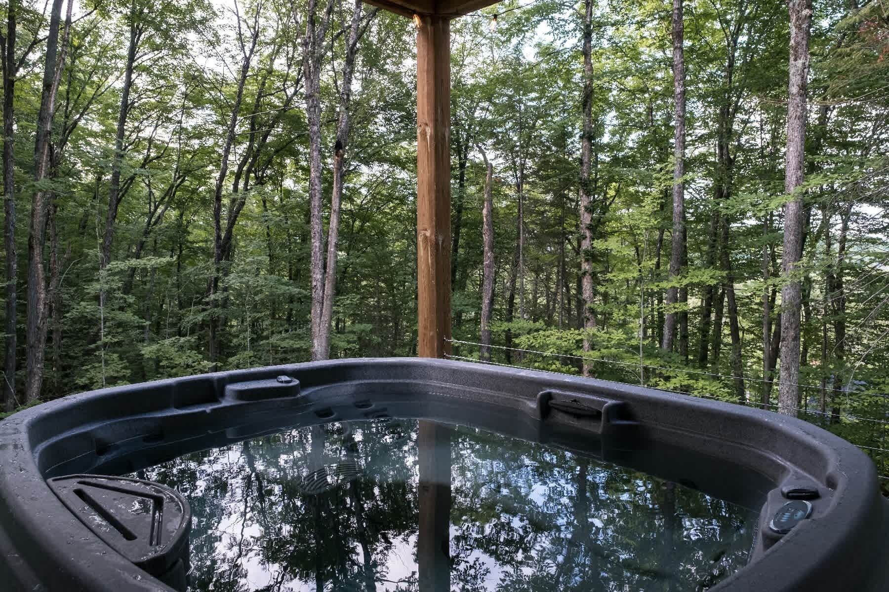 A hot tub surrounded by a forest.