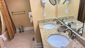Jetted tub, hair dryer, towels, soap