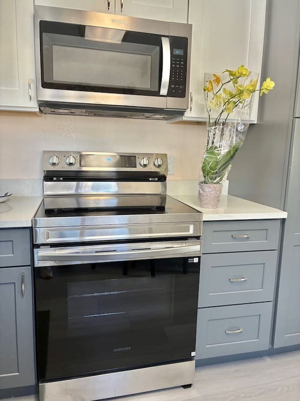 Coffee/tea maker, fridge, microwave, oven
