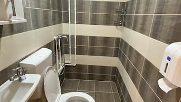 Een douche, een haardroger, handdoeken, zeep