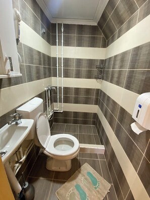 Chuveiro, secador de cabelo, toalhas de banho, sabonete