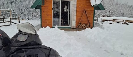 A wooden cabin with a green roof, a satellite dish, and a snow-covered ground.