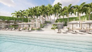 Ein Resort mit Swimmingpool, Liegestühlen und Palmen.