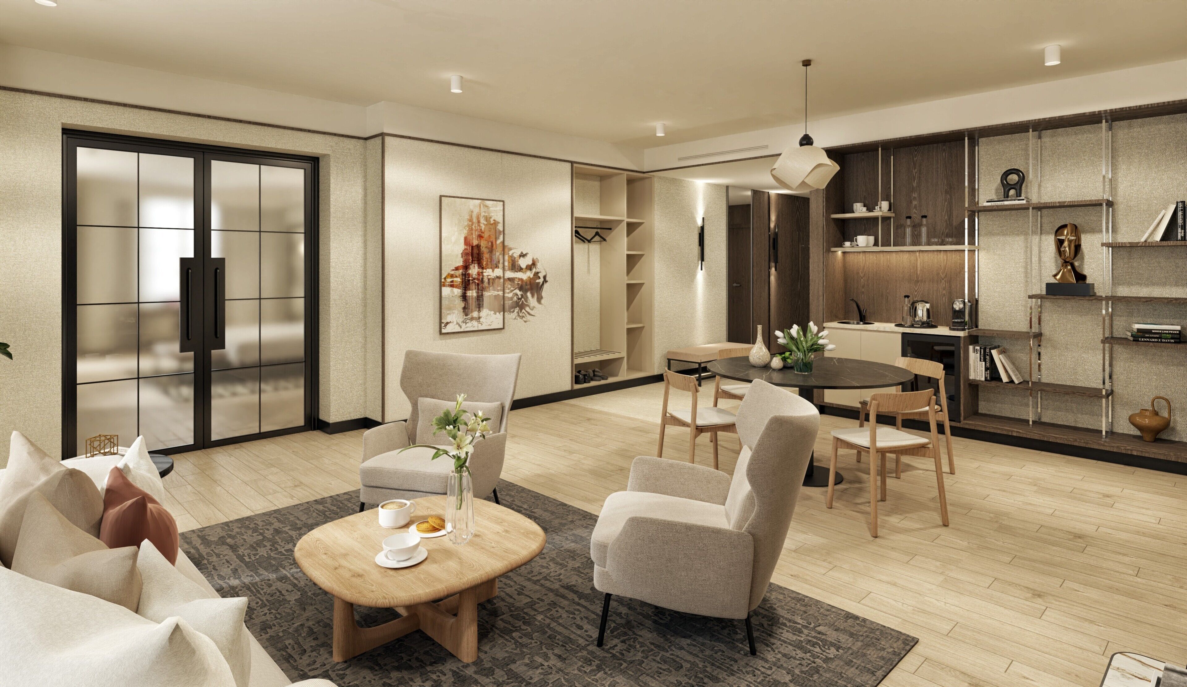 A modern living room with a sofa, chairs, a coffee table, and a dining area. There is a kitchen with a dining table and chairs.