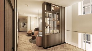 Ein modernes Interieur mit einem Bücherregal aus Holz, einer Couch und einem Couchtisch.