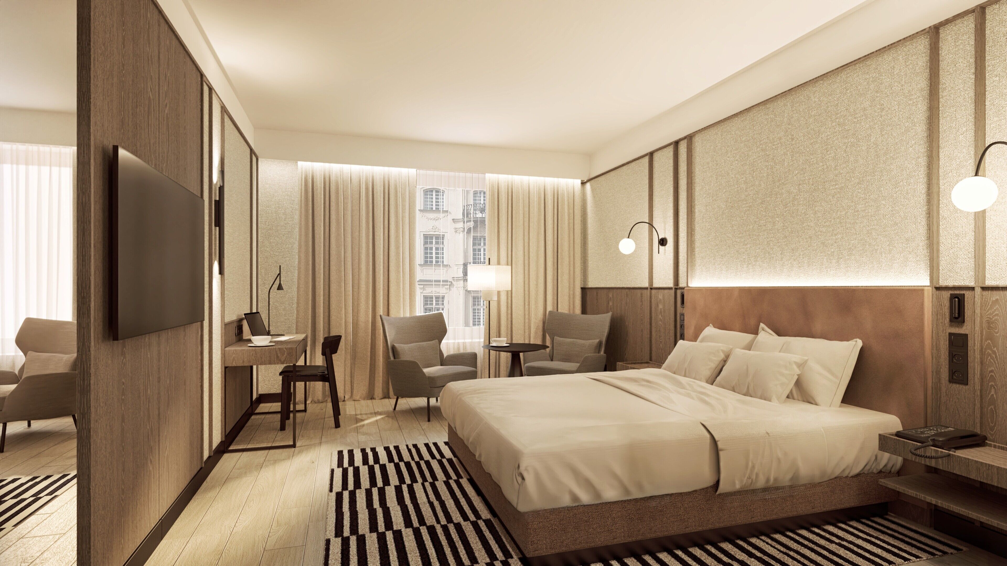 Ein Hotelzimmer mit einem großen Bett, einem Schreibtisch mit Stuhl, einem Fernseher und einem Fenster mit Vorhängen.