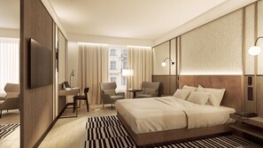 Ein Hotelzimmer mit einem großen Bett, einem Schreibtisch mit Stuhl, einem Fernseher und einem Fenster mit Vorhängen.