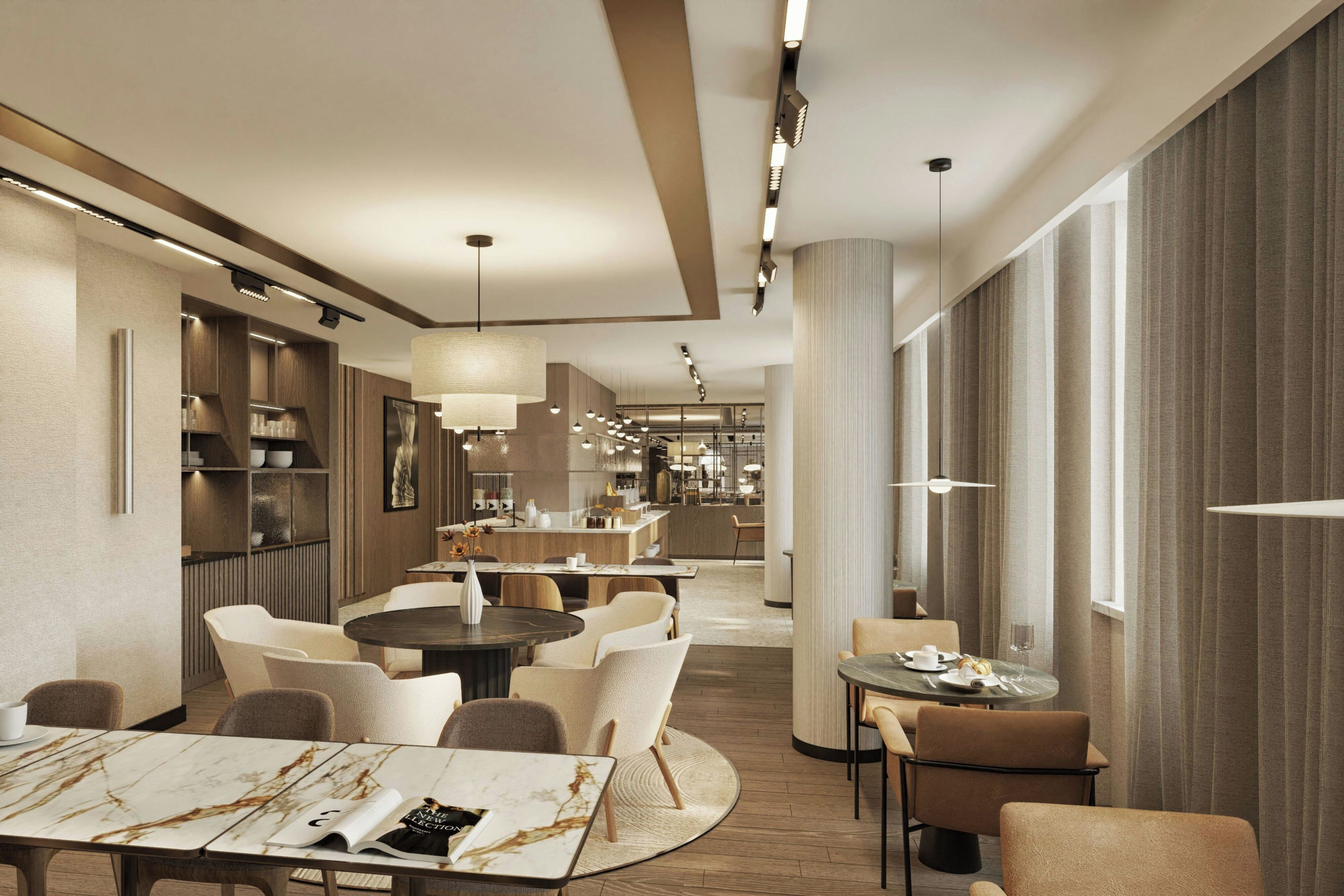A modern hotel dining area with marble tables, comfortable seating, and a view of the kitchen in the background.