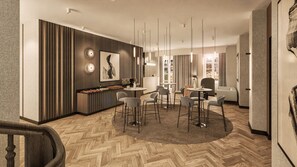 Un moderno vestíbulo de hotel con zona de bar, asientos y suelo de madera con diseño de espiga.