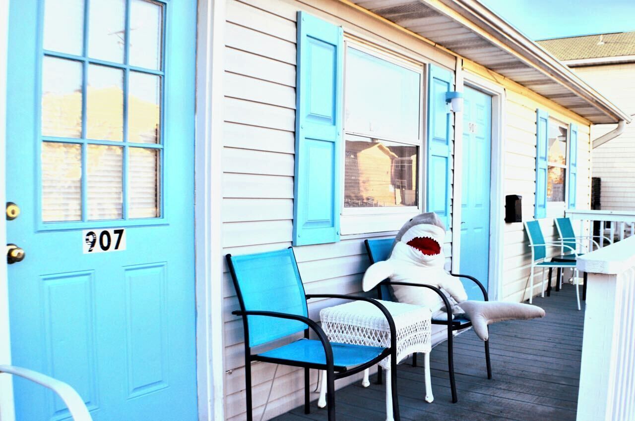 Un bâtiment avec une porte bleue portant le numéro « 07 » et une statue de requin posée sur une chaise.