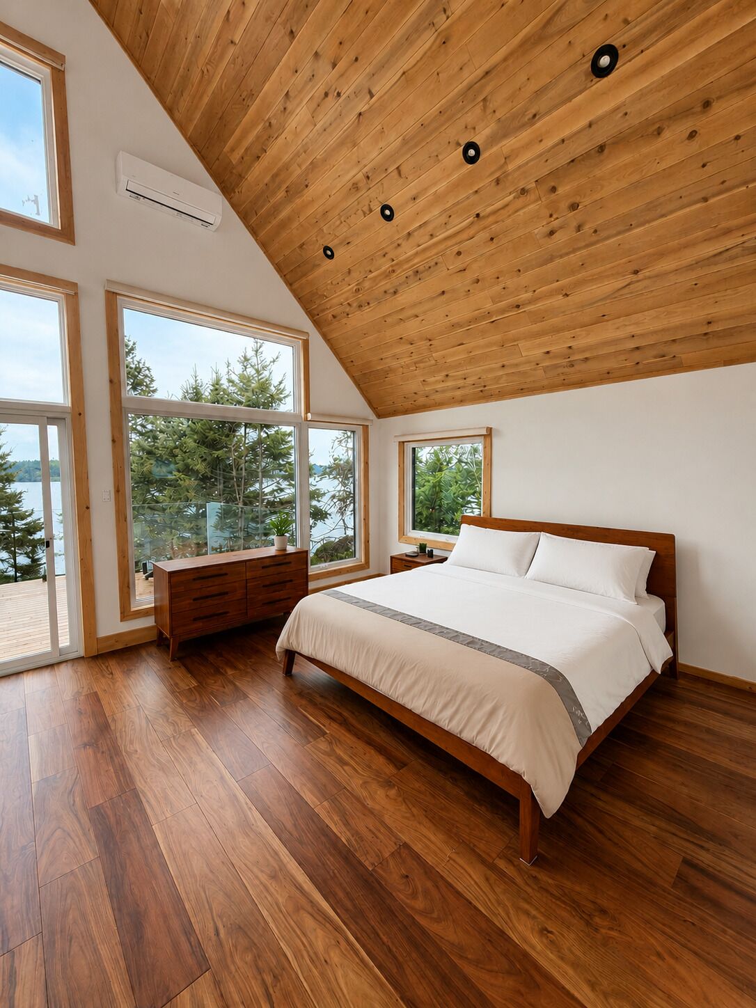 A bedroom with a sloped ceiling, large windows, a wooden bed, and a dresser.