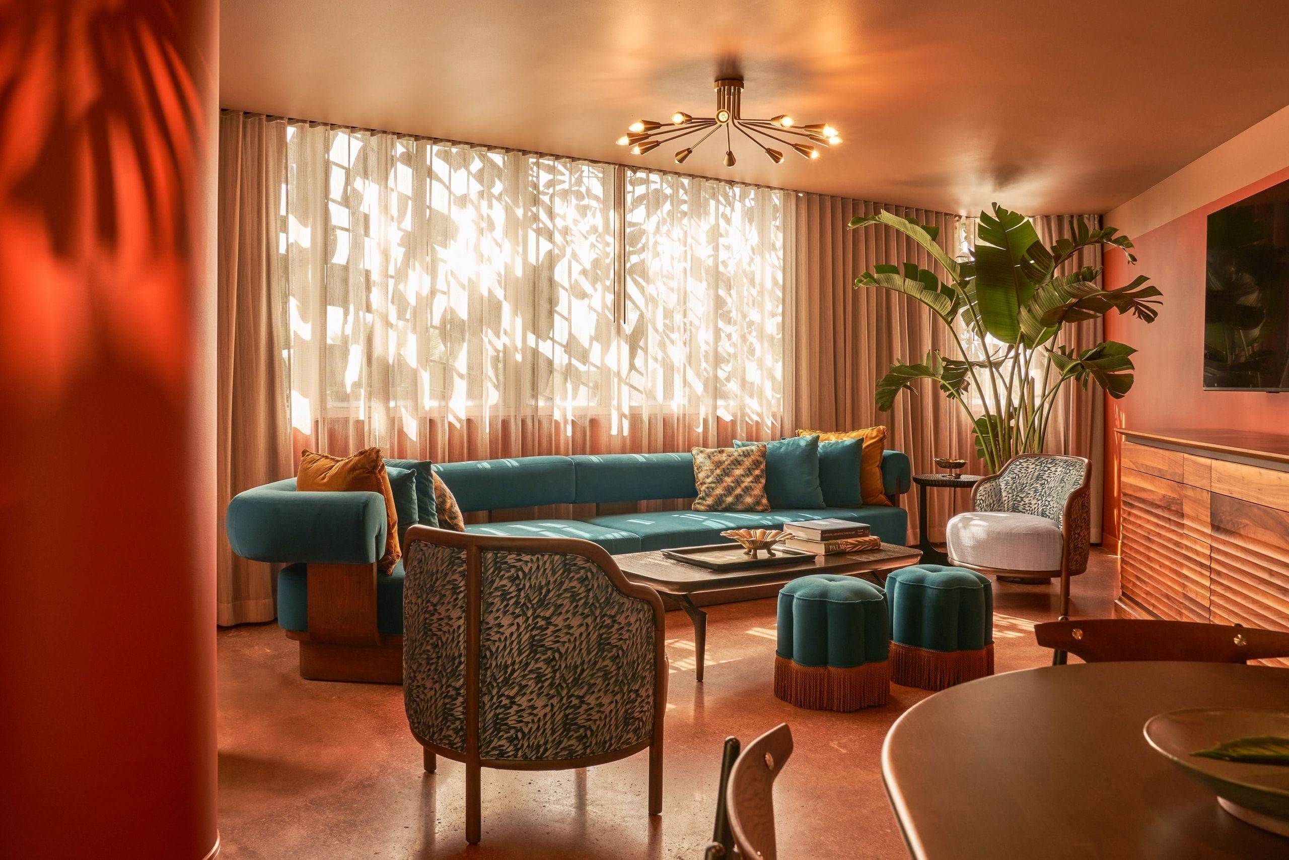A modern living room with a blue sofa, patterned armchair, and ottomans, a coffee table with books, and a large plant.