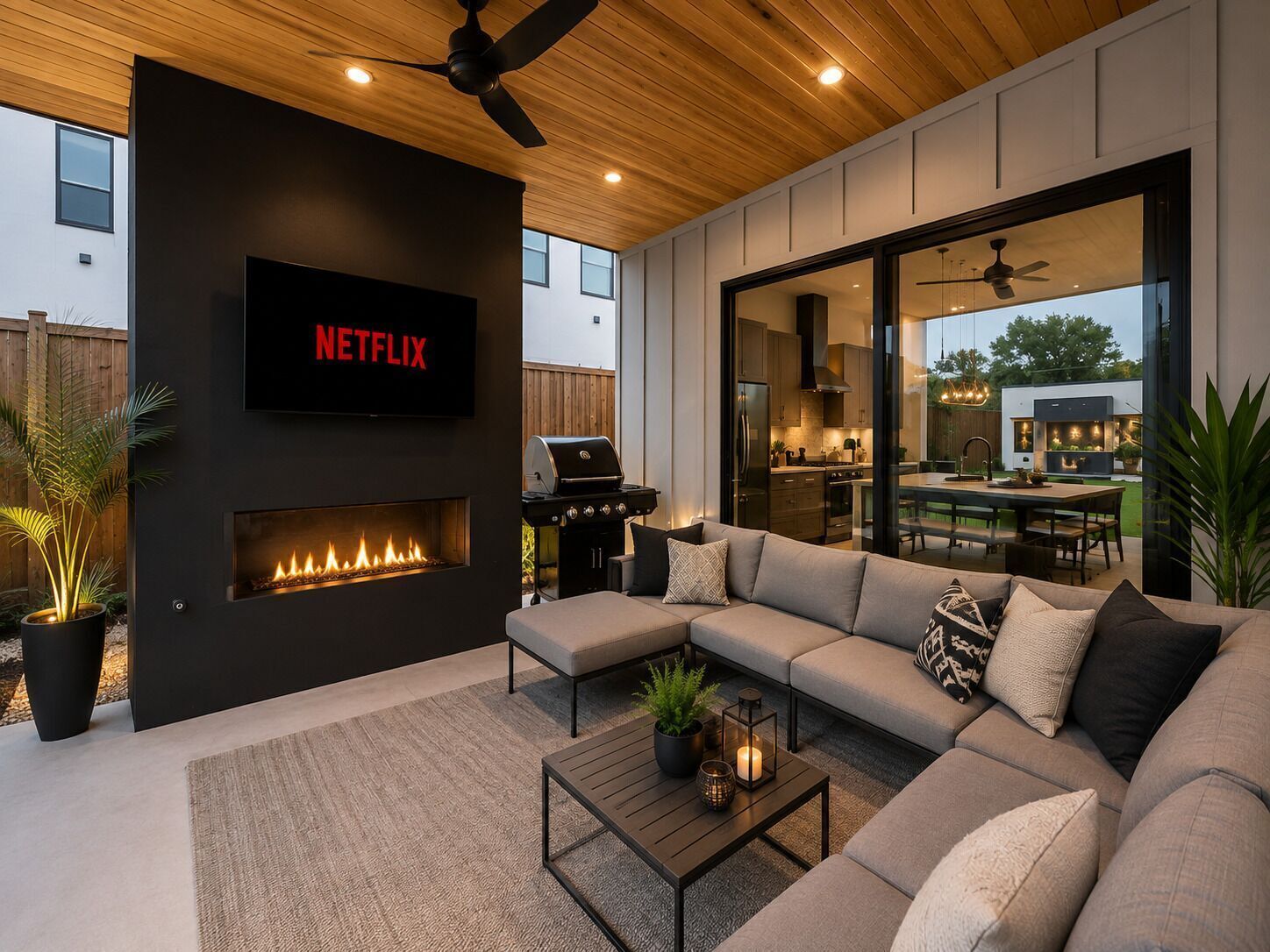 A modern outdoor living area with a fireplace, a sofa, a coffee table, and a TV screen displaying 'NETFLIX'.