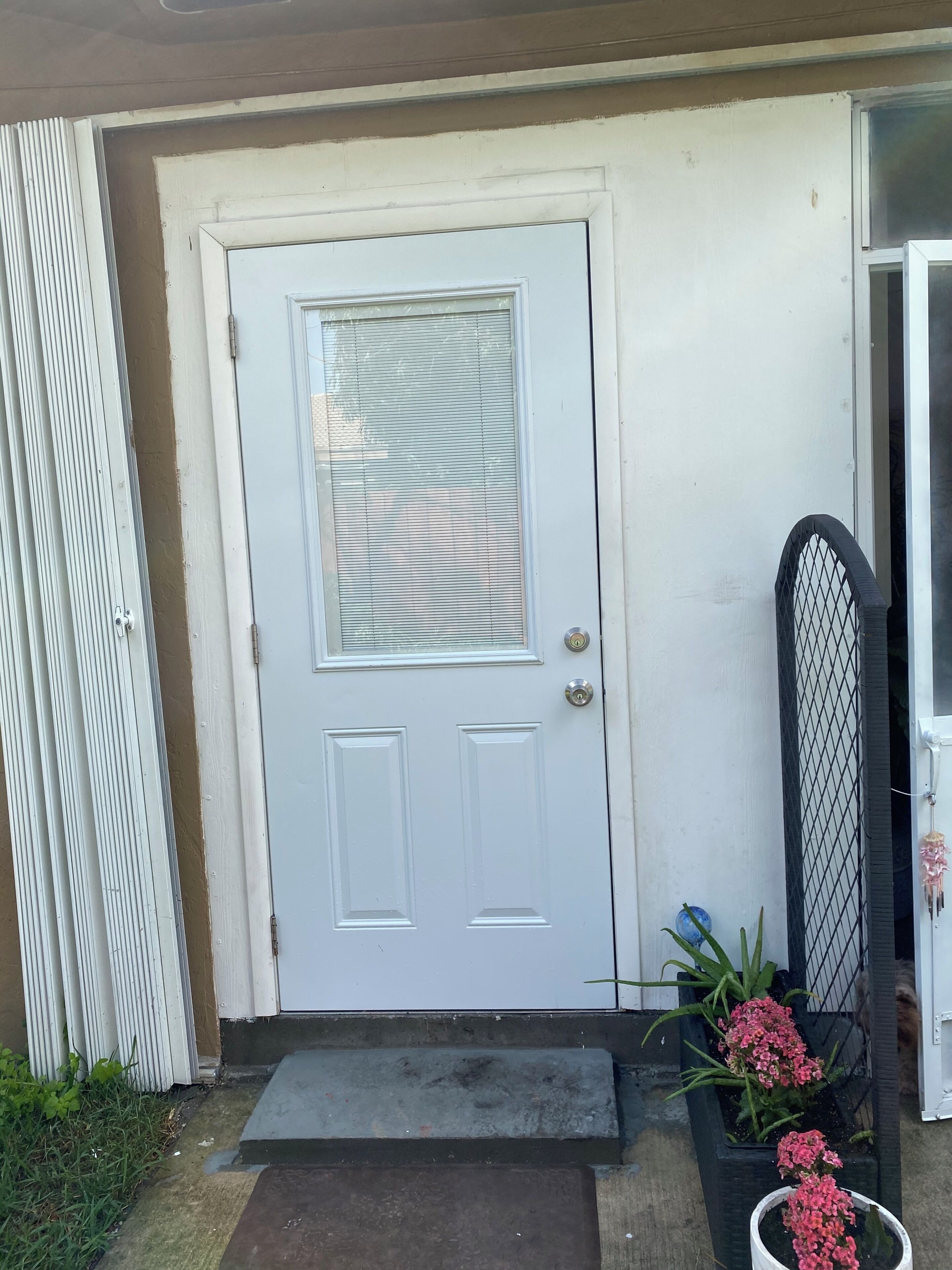 A white door with a glass panel, a metal gate, and a small step leading to the door.