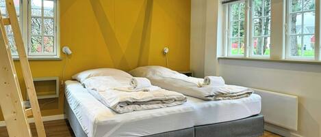 A room with a bed, a ladder, and large windows.