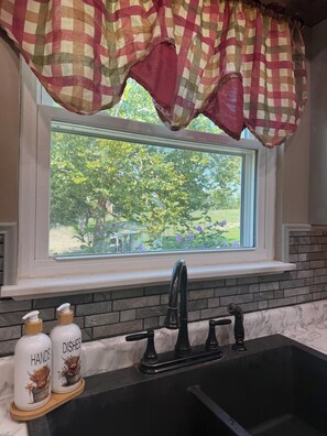 A kitchen with a black sink, a window with a view of greenery, and two bottles labeled 'HANDS' and 'DISHES' on a wooden shelf.