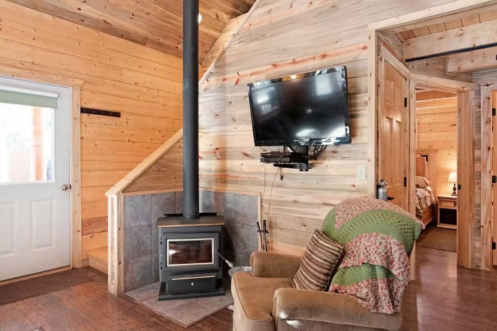 Een knus ingerichte kamer met een open haard, een aan de muur bevestigde televisie en een comfortabele zithoek.