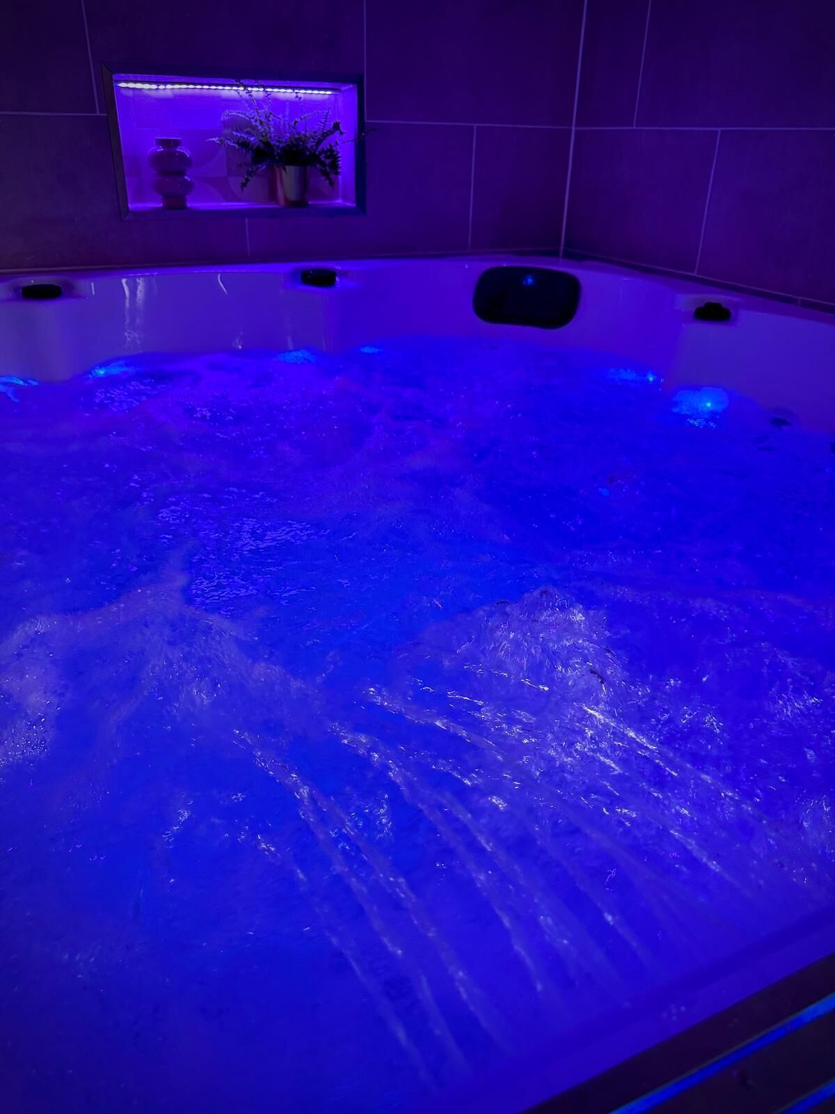 A hot tub with blue lighting, a small shelf with a vase and plants, and tiled walls.