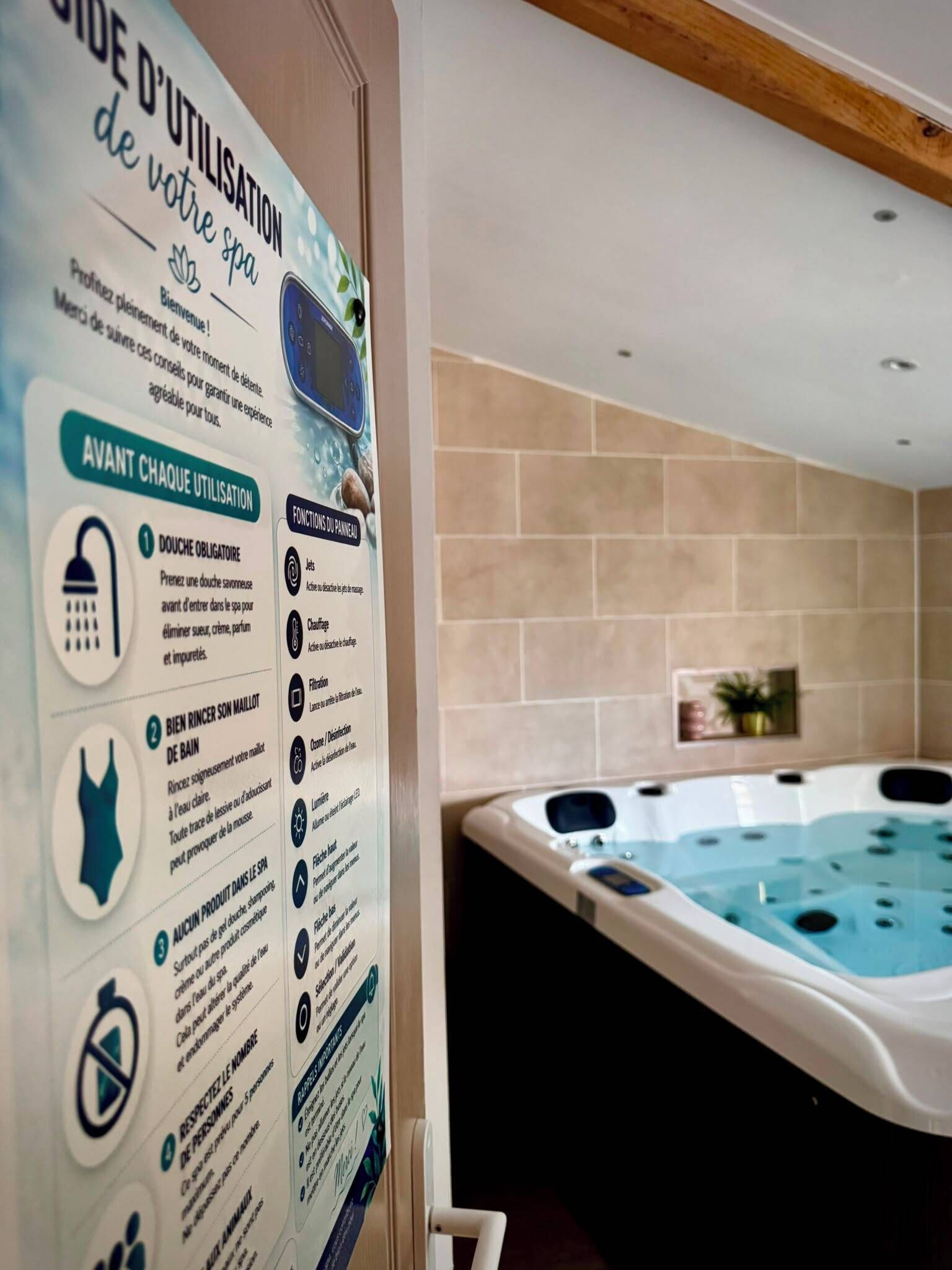 A spa area with a hot tub and informational signage detailing usage instructions.