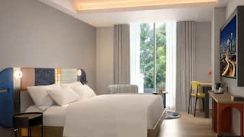 A modern hotel room with a large bed, a desk, a chair, and a view of the outdoors.