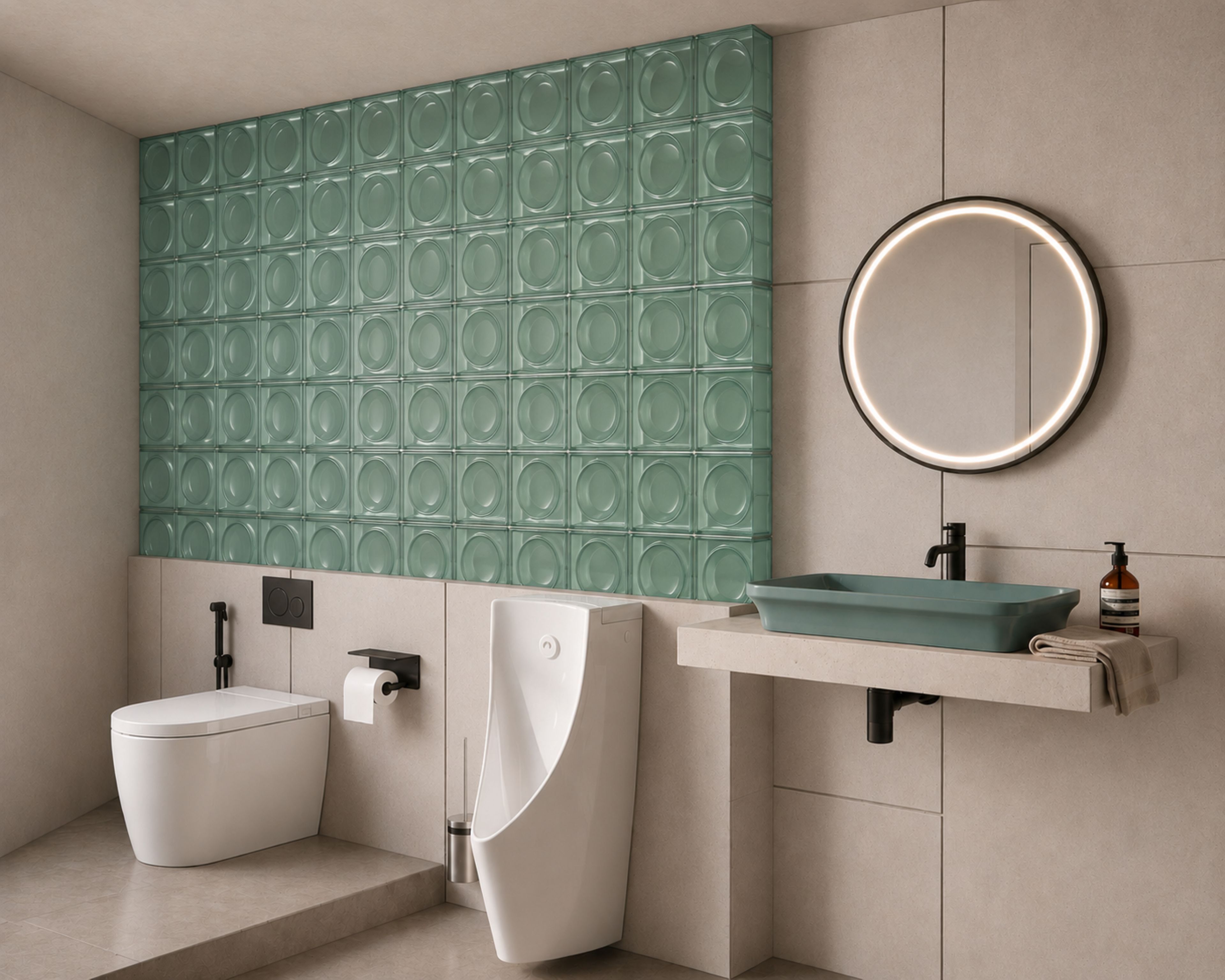 Un baño moderno con inodoro, lavamanos y espejo.