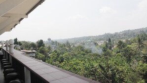 Un balcon offrant une vue sur un paysage verdoyant et luxuriant ainsi que sur des bâtiments situés au loin.
