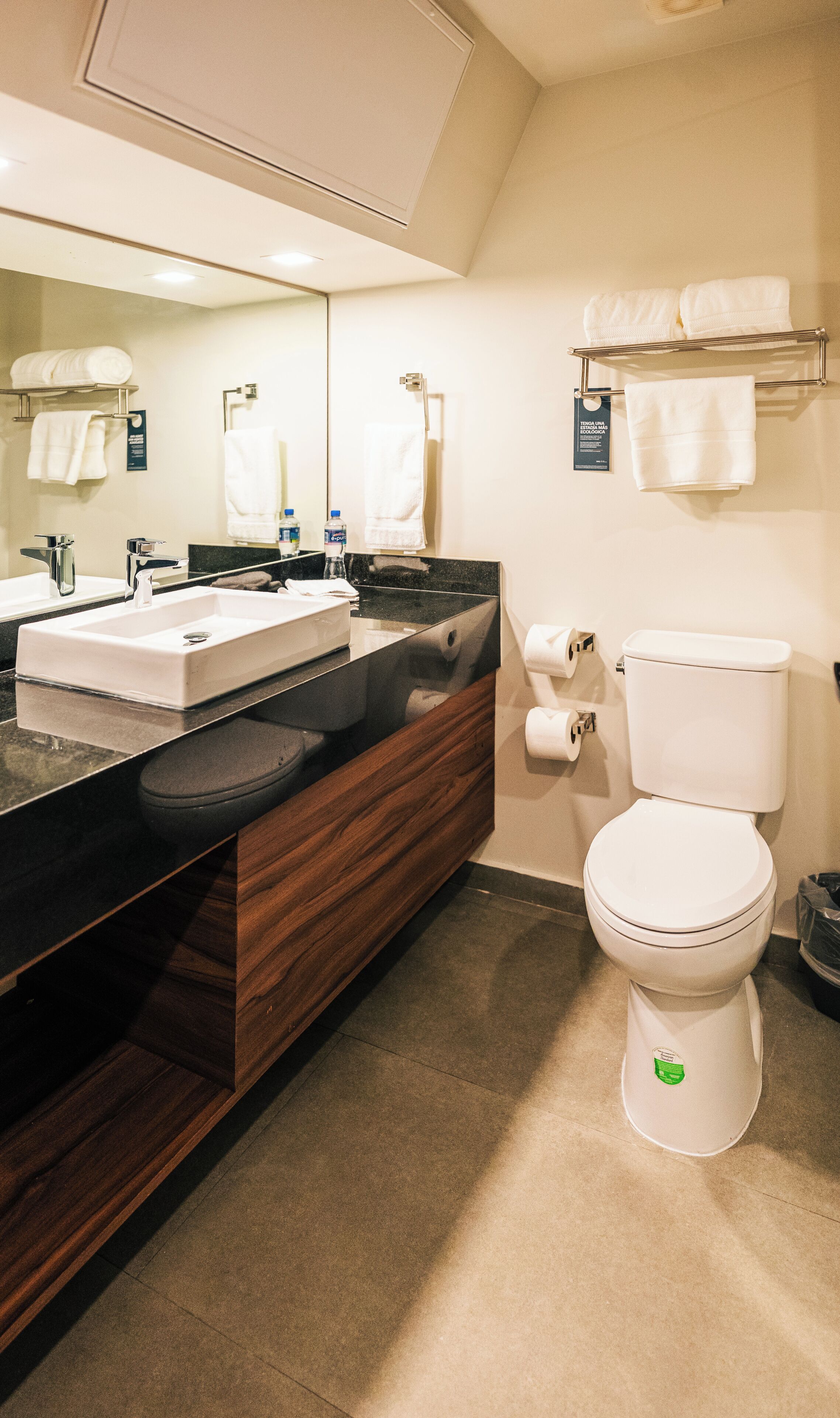 A modern bathroom with a sink, mirror, and toilet.