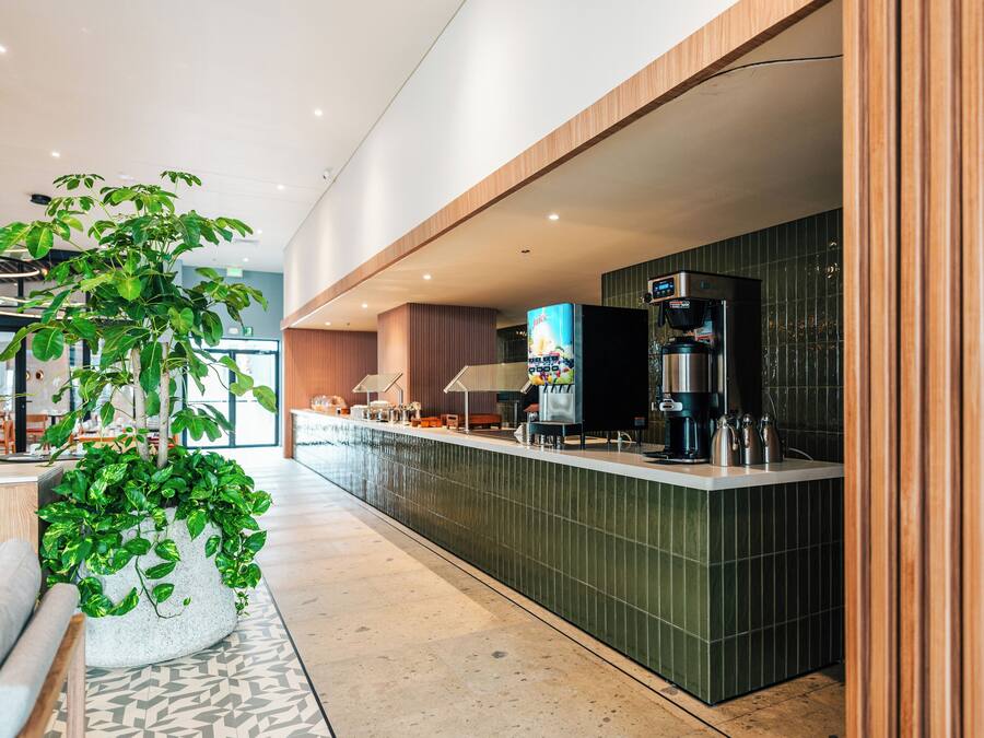 A modern hotel lobby with a reception desk, a coffee machine, and a large potted plant.
