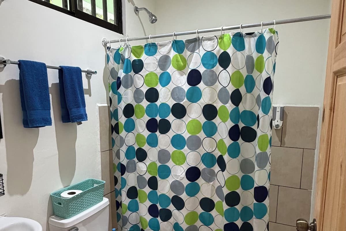 Chambre Double Standard, vue jardin | Salle de bain | Douche, serviettes fournies, savon, papier toilette