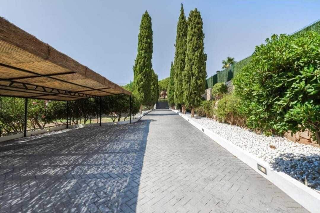 Een geplaveid pad, begrensd door beplanting en aan één kant een overdekt gebied.
