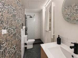 Dusche, Haartrockner, Handtücher, Seife