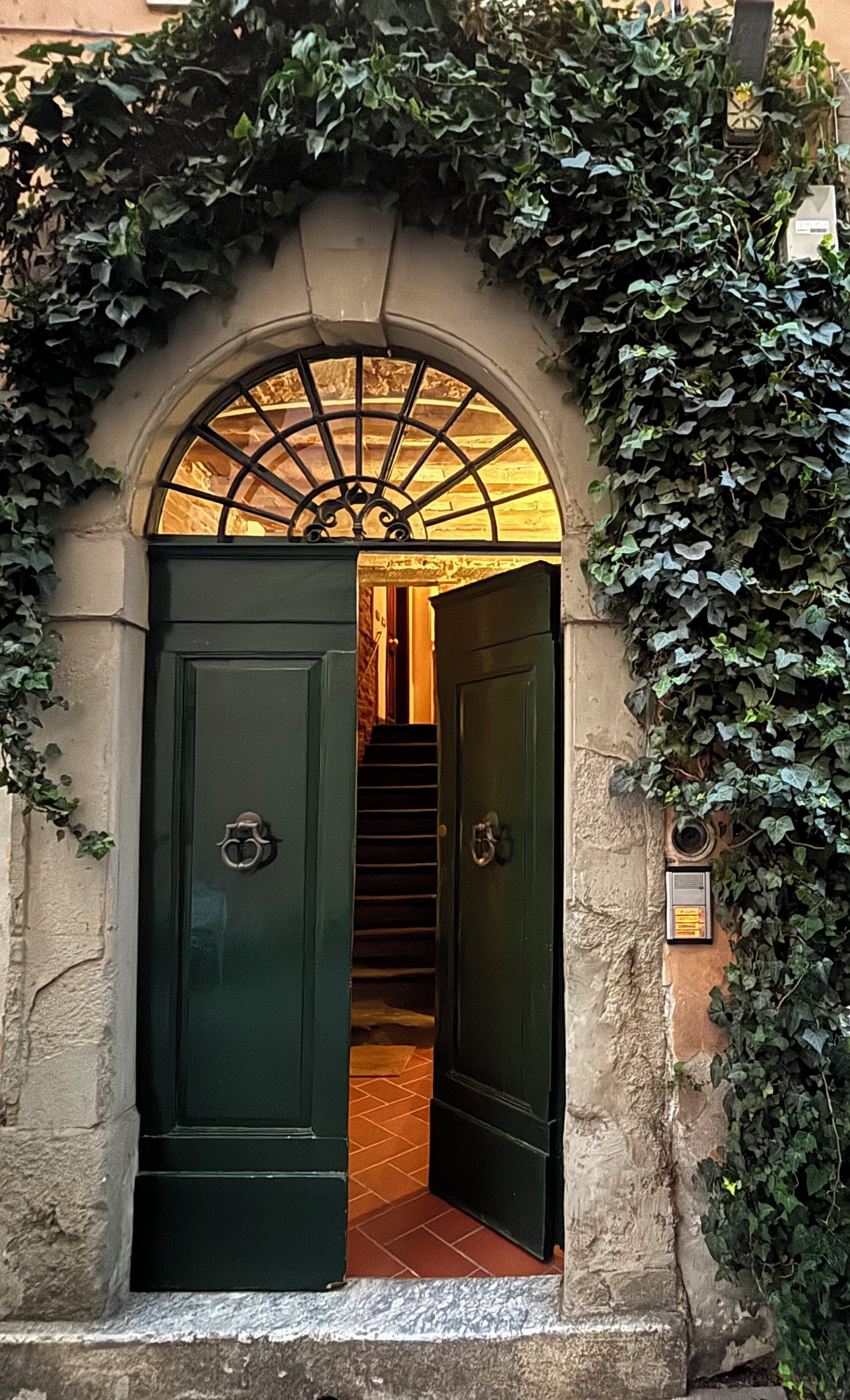 Puerta verde con manija metálica que da paso a un edificio con piso de baldosas y una escalera.