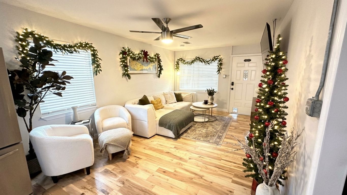 Un salon avec un canapé, des fauteuils, une table basse et un sapin de Noël.