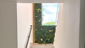 A staircase with a handrail leading to a landing with a view of greenery outside. - Tropical, Large Modern Keys, New Island Mansion with a pool & 2 boat docks (Key Largo)