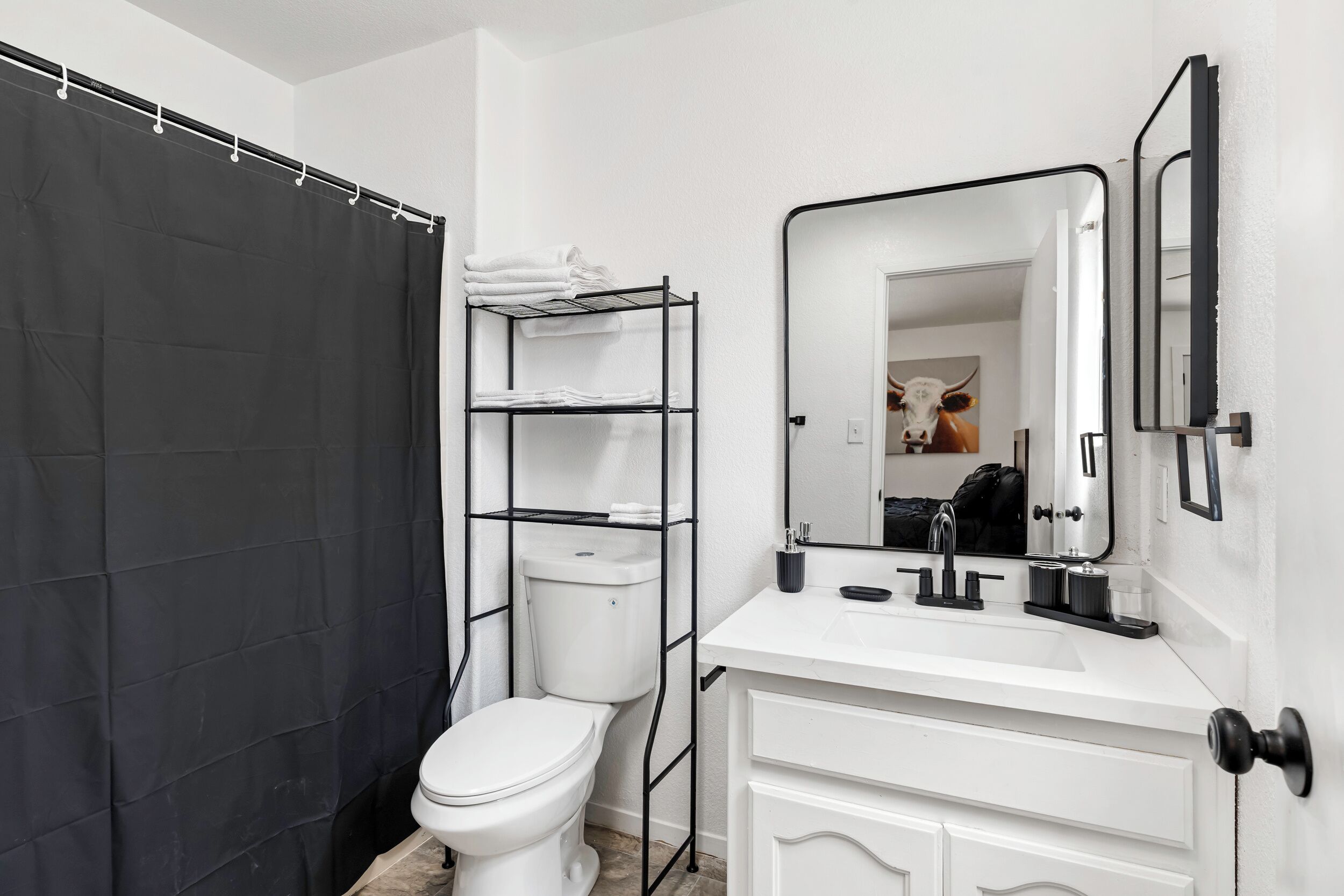 Hair dryer, towels, soap, toilet paper