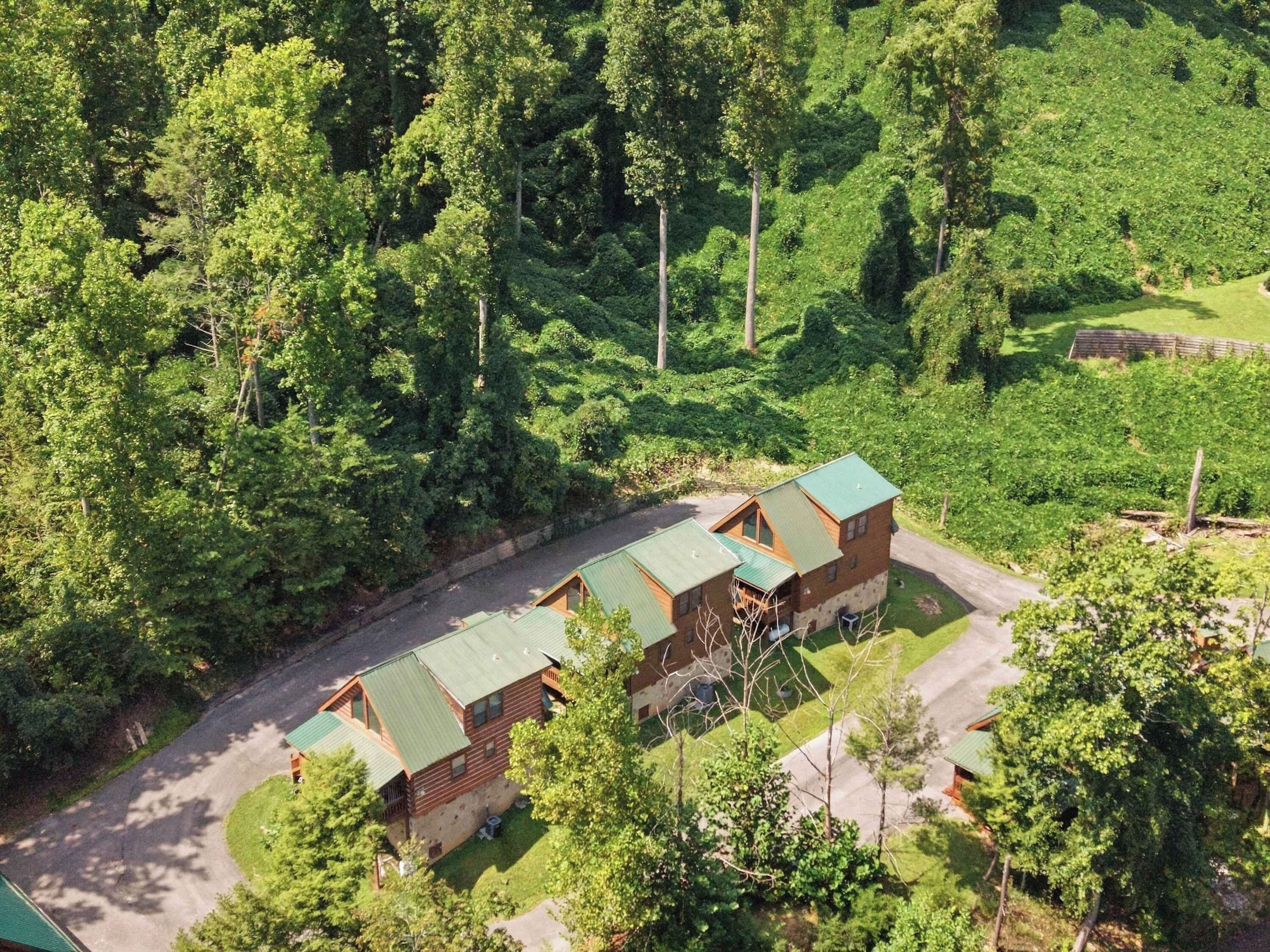A cabin with a green roof, surrounded by dense forest.