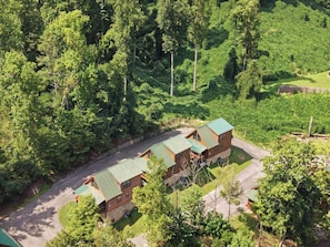 A cabin with a green roof, surrounded by dense forest.