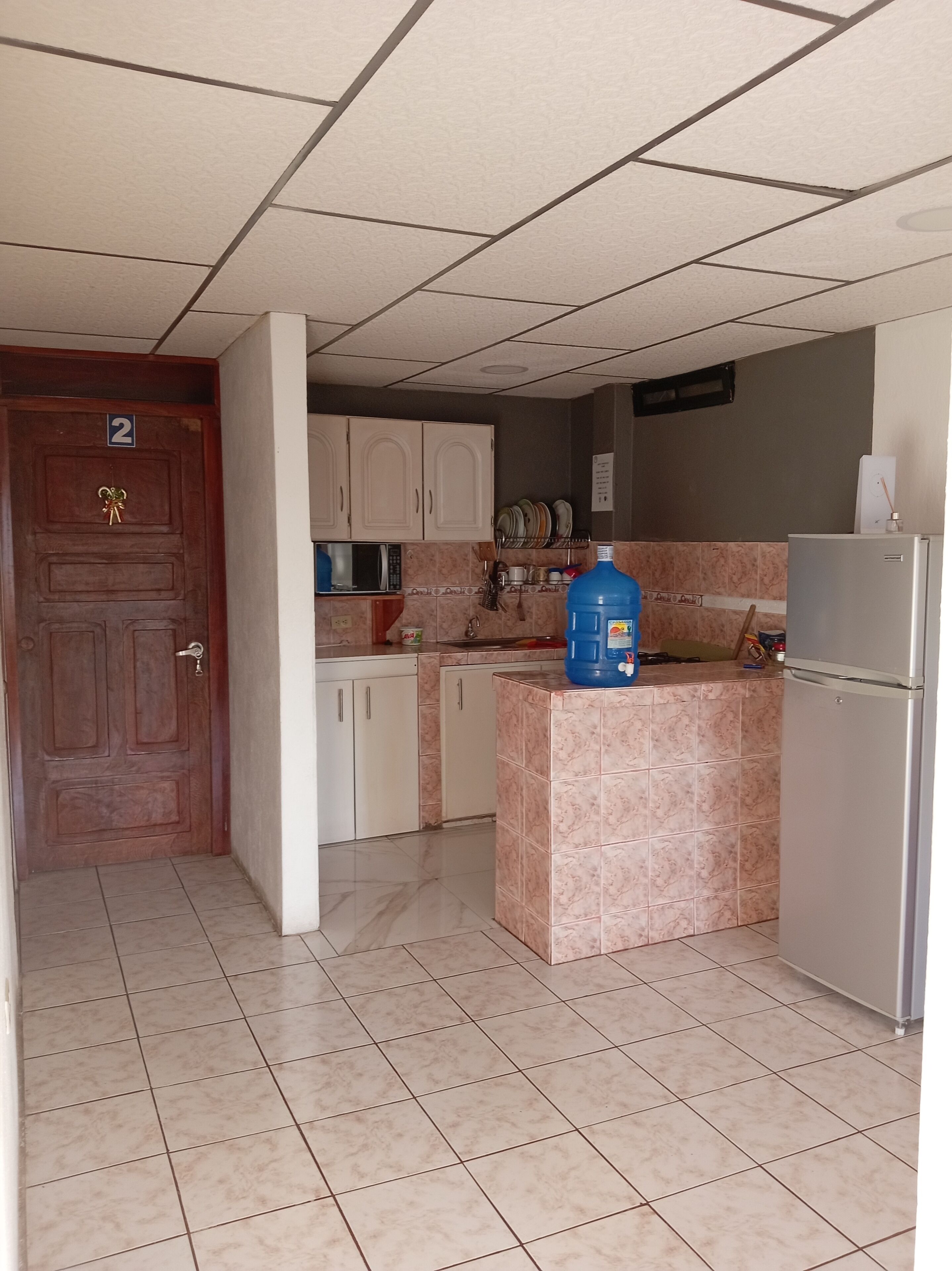 Fridge, microwave, oven, cookware/dishes/utensils