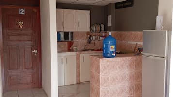Fridge, microwave, oven, cookware/dishes/utensils